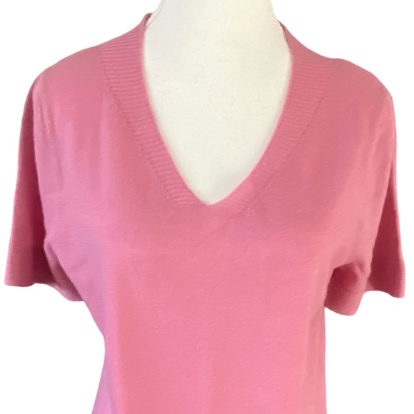 Max Studio Pink Extra Fine Merino Wool V-Neck Short Sleeve Sweater. Sz- L - Picture 2 of 13